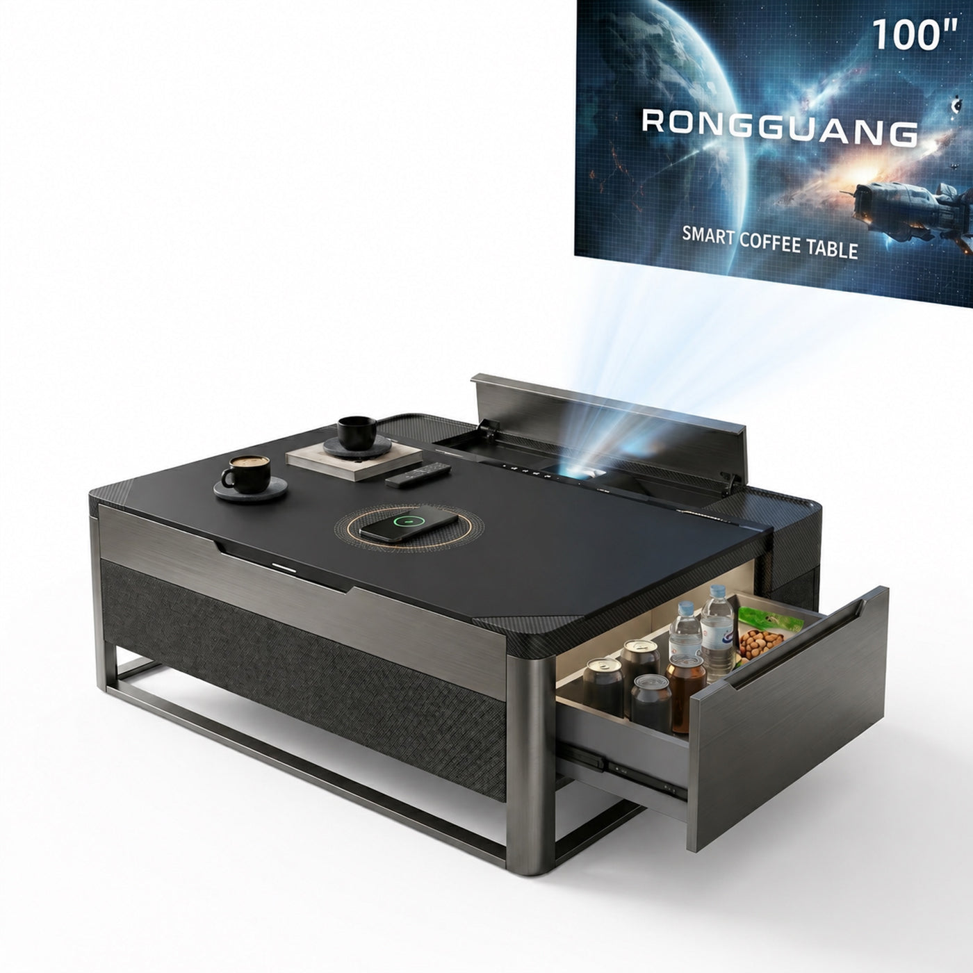 NEWVERTEX   Futuristic 4-in-1 Smart Coffee Table - 100" Projection, Integrated Refrigerator, Bluetooth Speaker, Multi-Device Wireless Charger for Modern Living Room