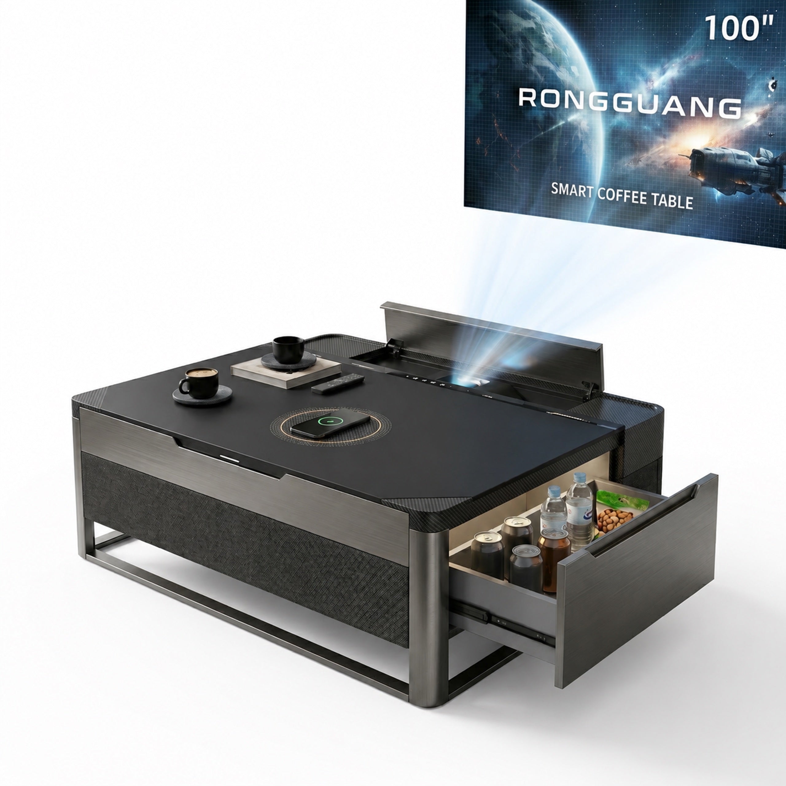 NEWVERTEX   Futuristic 4-in-1 Smart Coffee Table - 100" Projection, Integrated Refrigerator, Bluetooth Speaker, Multi-Device Wireless Charger for Modern Living Room