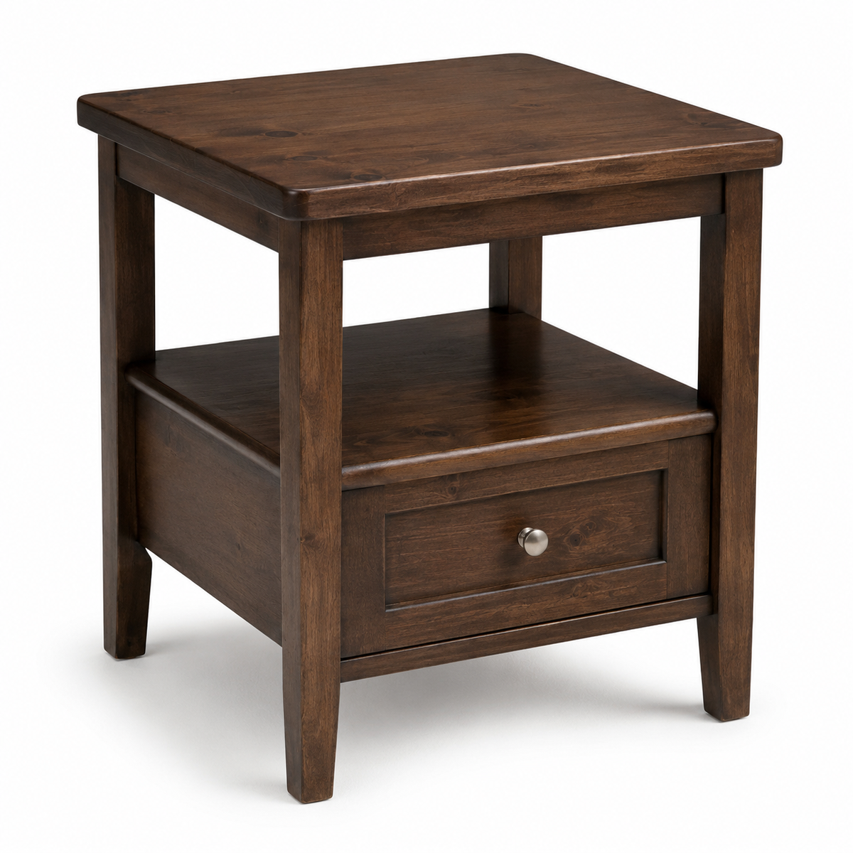 20-Inch Solid Wood End Table with Drawer & Open Shelf, Farmhouse Brown