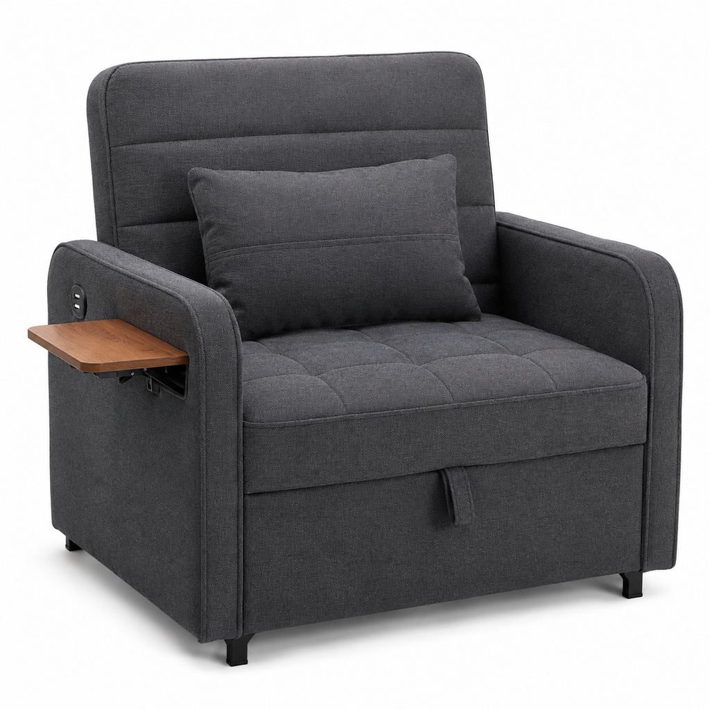 3-in-1 Sleeper Chair Sofa Bedwith USB Port, Foldable Table& Pillow