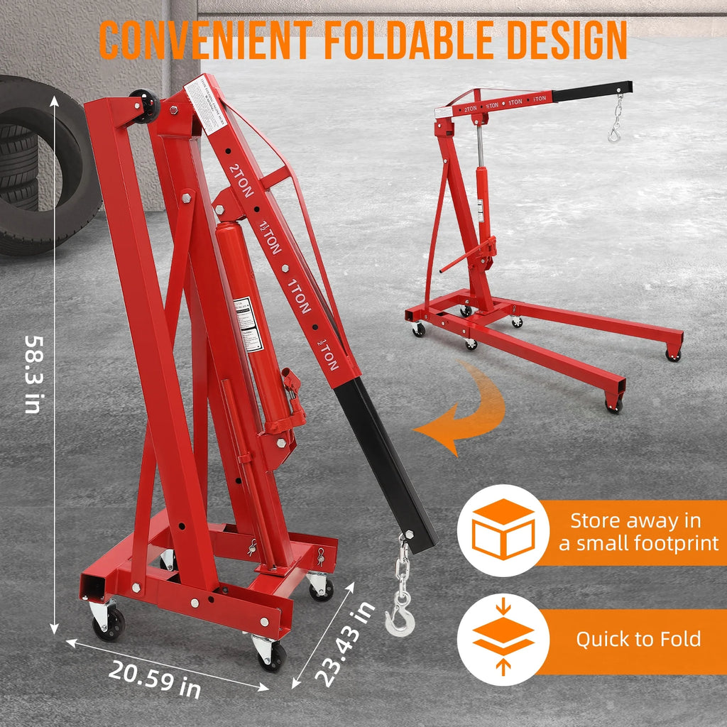 GARVEE 2 Ton Folding Hydraulic Engine Hoist with Lever, Folding Engine Shop Crane Hoist Lift, Heavy Cherry Picker