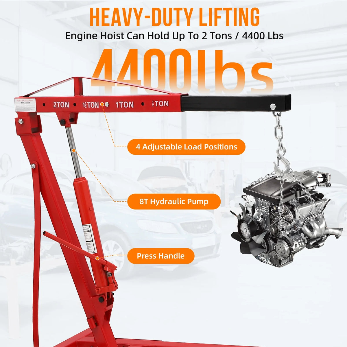 GARVEE 2 Ton Folding Hydraulic Engine Hoist with Lever, Folding Engine Shop Crane Hoist Lift, Heavy Cherry Picker
