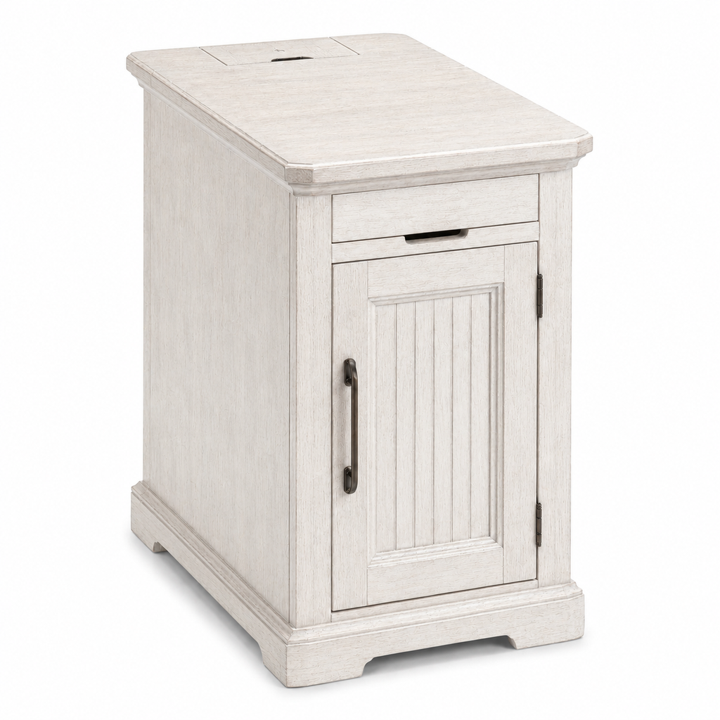 Farmhouse End Table with USB & Outlets, Cabinet and Cup Holders