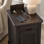 Farmhouse End Table with USB & Outlets, Cabinet and Cup Holders