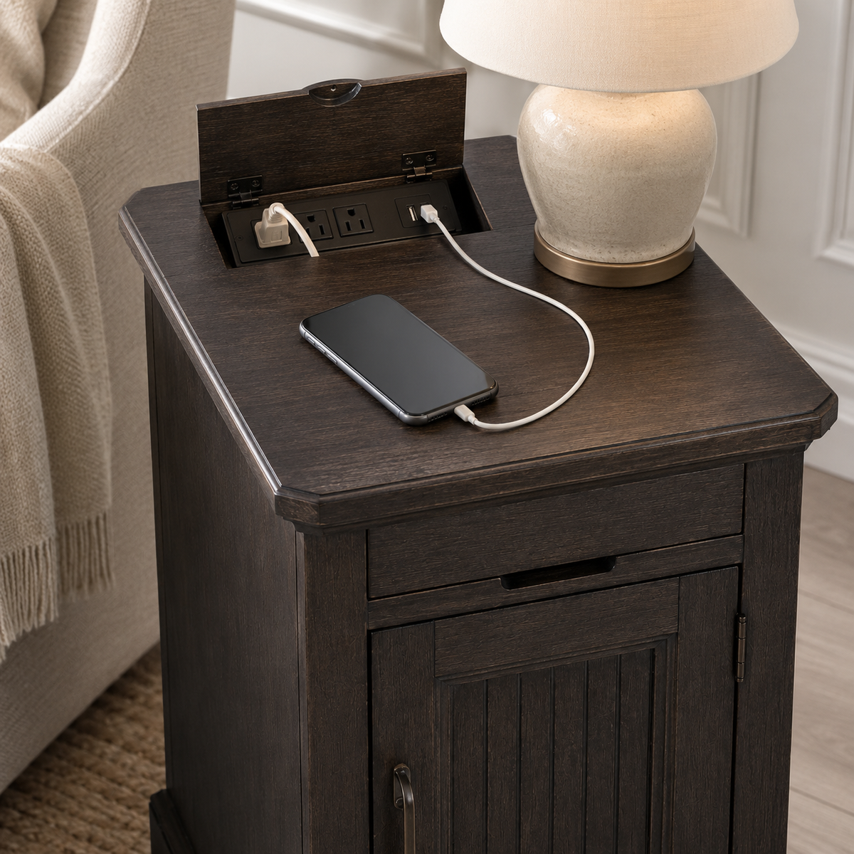 Farmhouse End Table with USB & Outlets, Cabinet and Cup Holders