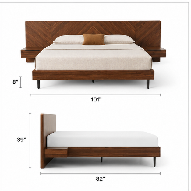 Modern Walnut Platform Bed with Floating Nightstands and Chevron Headboard