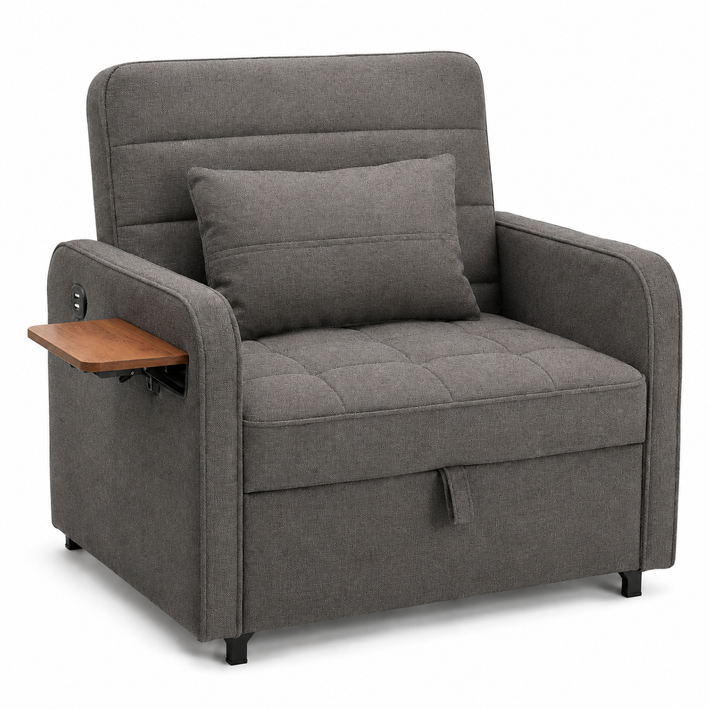 3-in-1 Sleeper Chair Sofa Bedwith USB Port, Foldable Table& Pillow