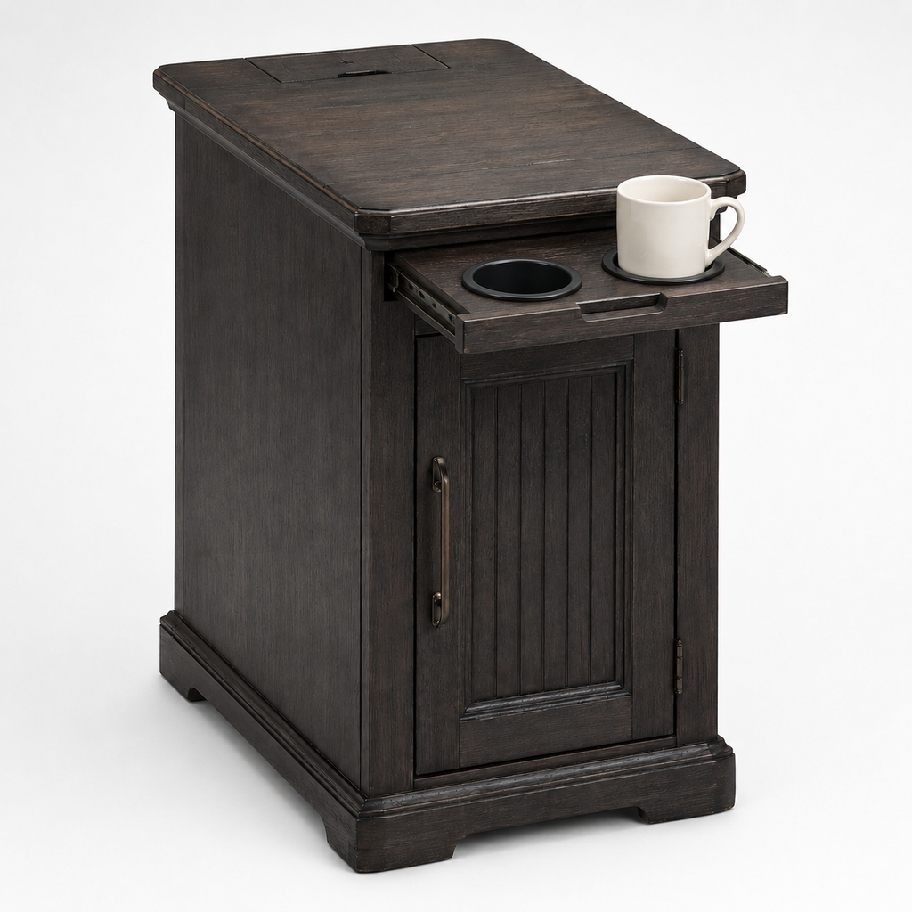 Farmhouse End Table with USB & Outlets, Cabinet and Cup Holders