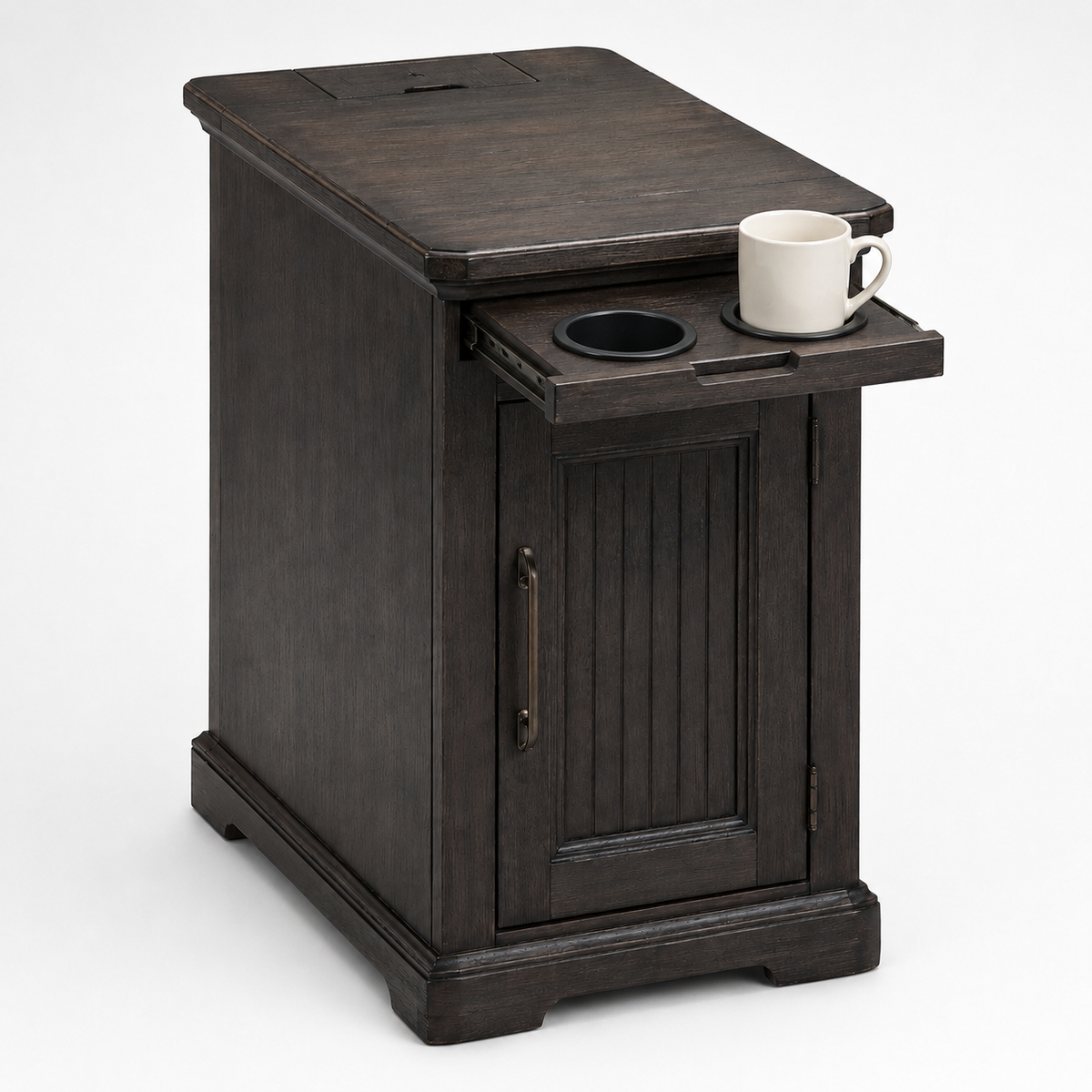 Farmhouse End Table with USB & Outlets, Cabinet and Cup Holders
