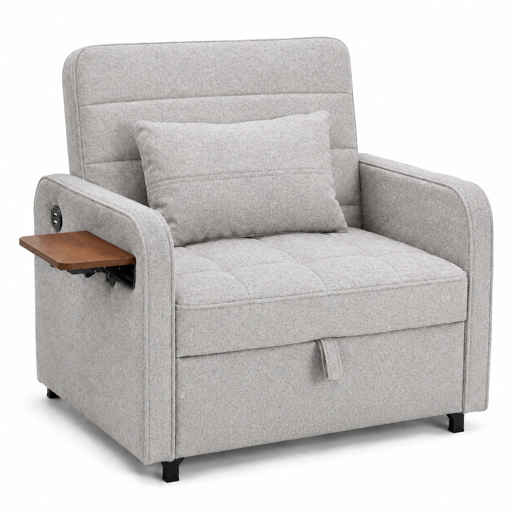 3-in-1 Sleeper Chair Sofa Bedwith USB Port, Foldable Table& Pillow