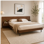 Modern Walnut Platform Bed with Floating Nightstands and Chevron Headboard