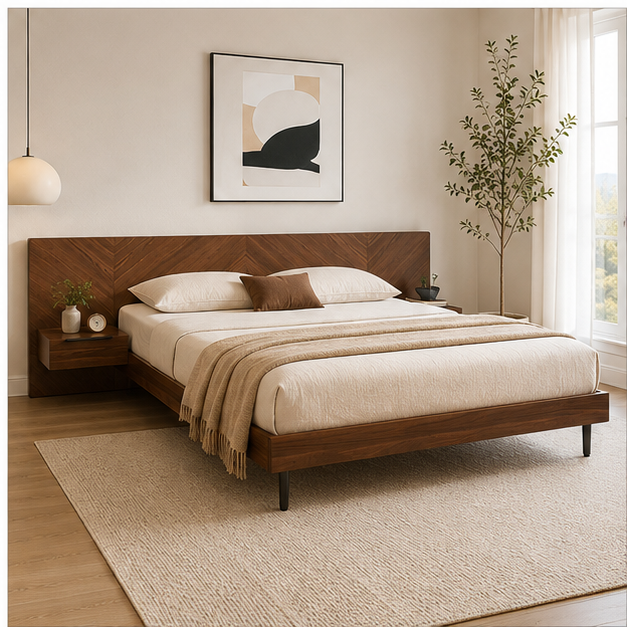 Modern Walnut Platform Bed with Floating Nightstands and Chevron Headboard
