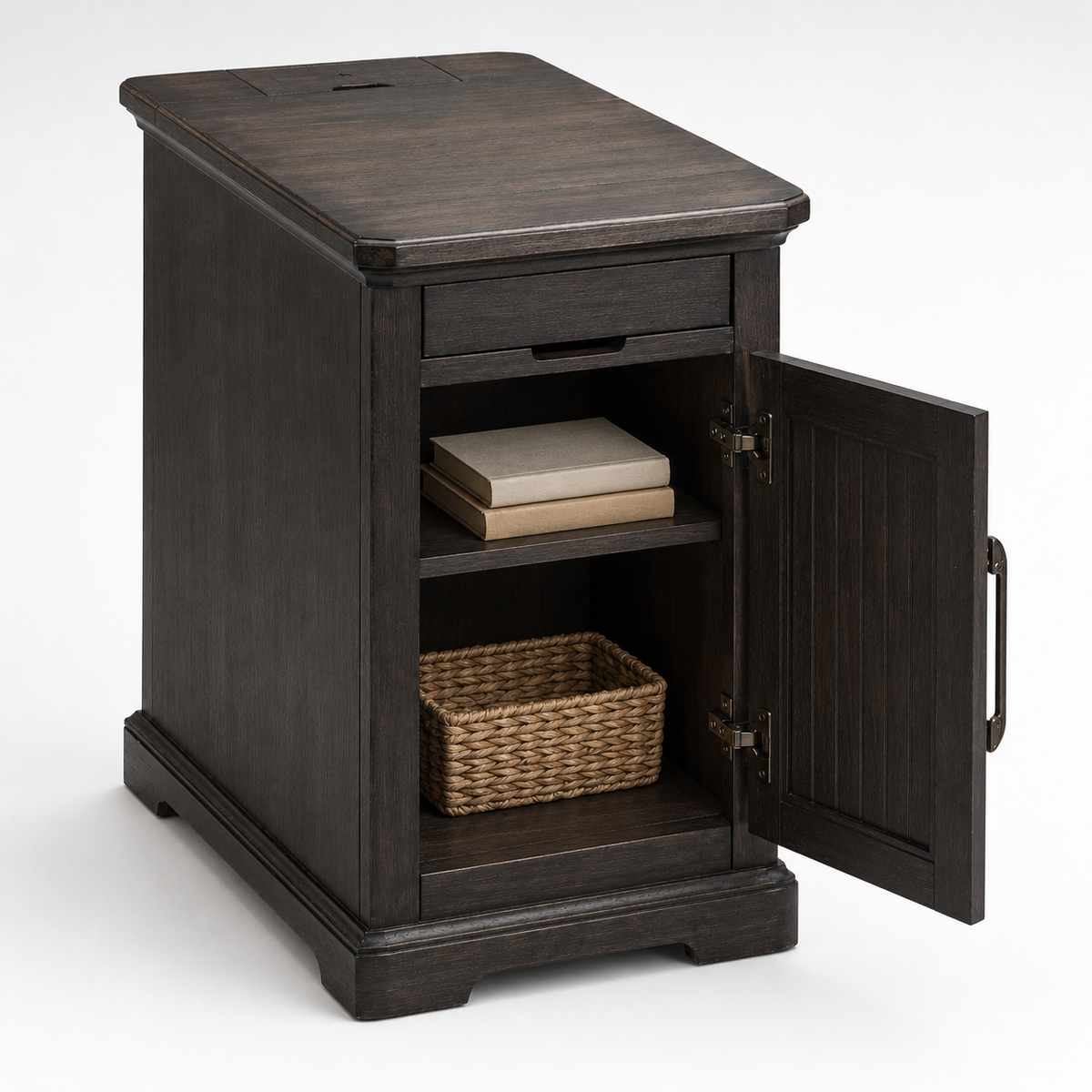Farmhouse End Table with USB & Outlets, Cabinet and Cup Holders
