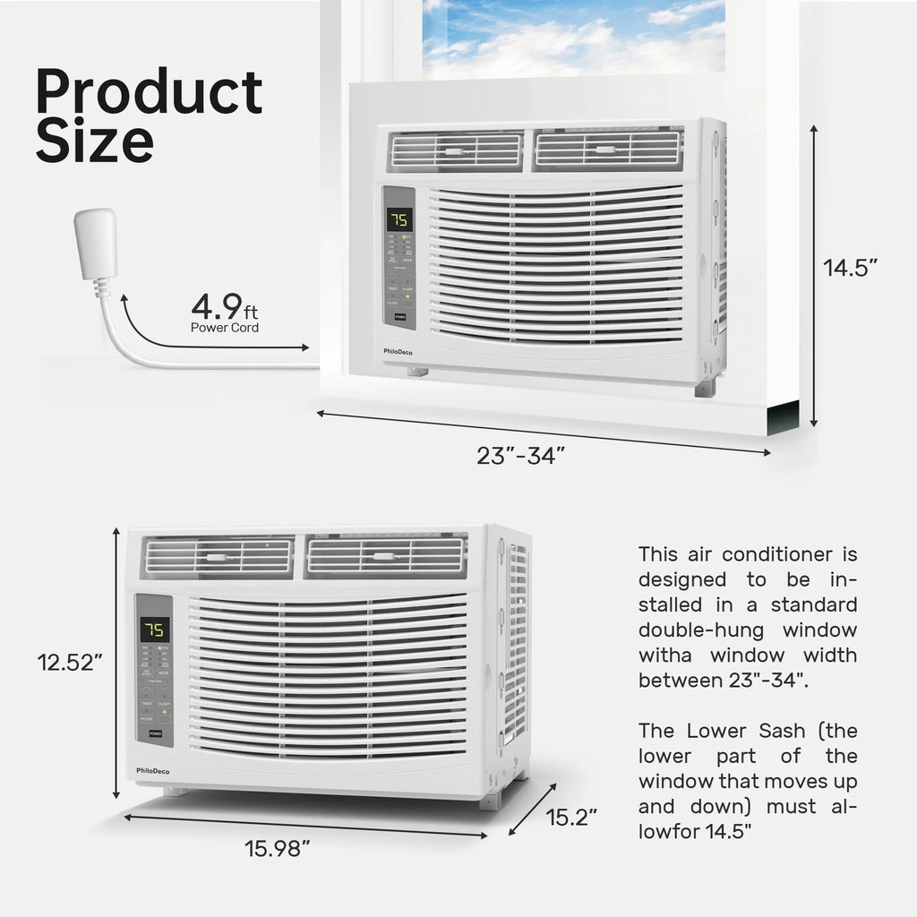 Philodeco 6000 BTU Window Air Conditioner Cool to 250 Sq Ft Intelligent, LED, Remote Control, Easy to Clean Filter