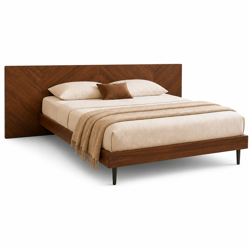 Modern Walnut Platform Bed with Floating Nightstands and Chevron Headboard