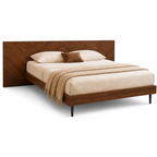 Modern Walnut Platform Bed with Floating Nightstands and Chevron Headboard