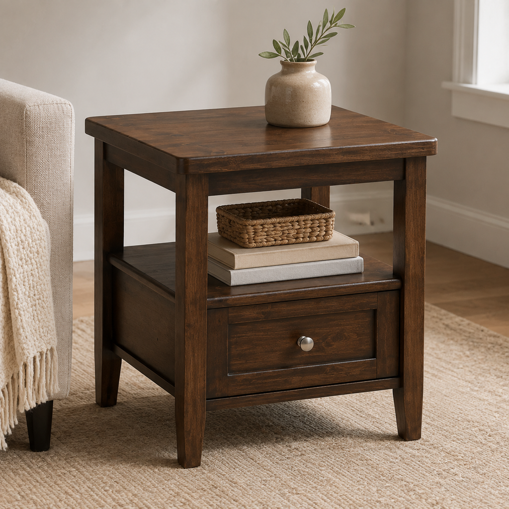 20-Inch Solid Wood End Table with Drawer & Open Shelf, Farmhouse Brown