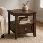 20-Inch Solid Wood End Table with Drawer & Open Shelf, Farmhouse Brown