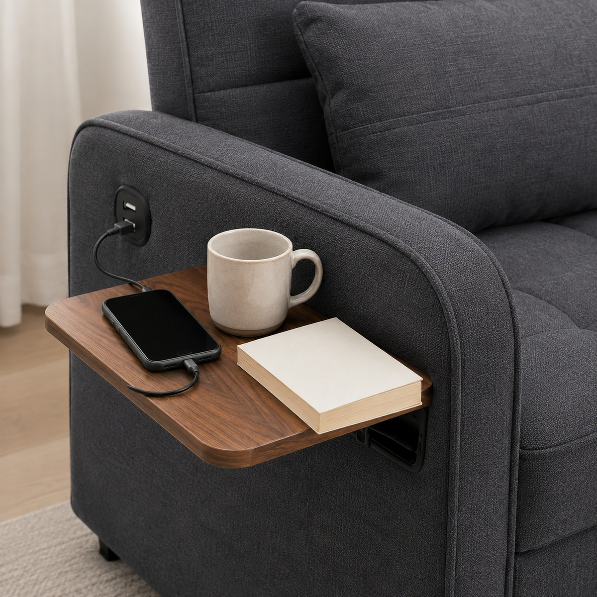 3-in-1 Sleeper Chair Sofa Bedwith USB Port, Foldable Table& Pillow