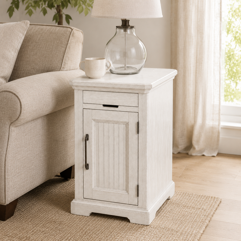 Farmhouse End Table with USB & Outlets, Cabinet and Cup Holders