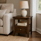 20-Inch Solid Wood End Table with Drawer & Open Shelf, Farmhouse Brown
