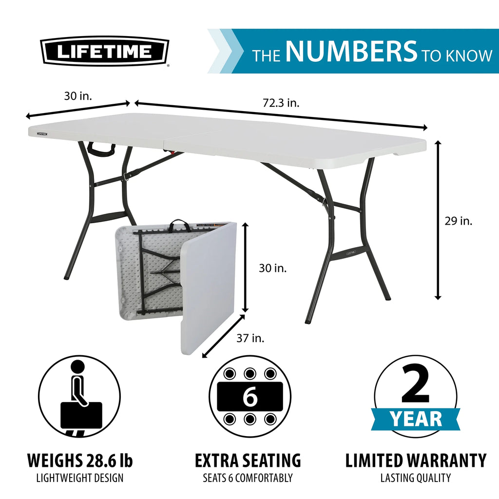 Lifetime 6' Commercial Grade High - Quality Fold - in - Half Folding Table, White (25011)
