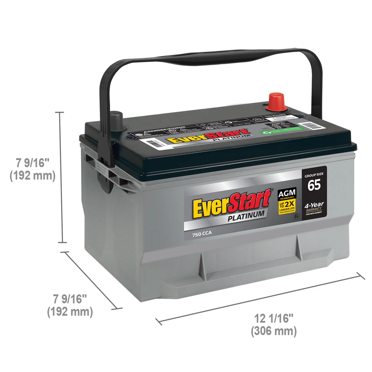 Everstart Platinum AGM Automotive Battery, Group Size 65 12 Volt, 750 CCA