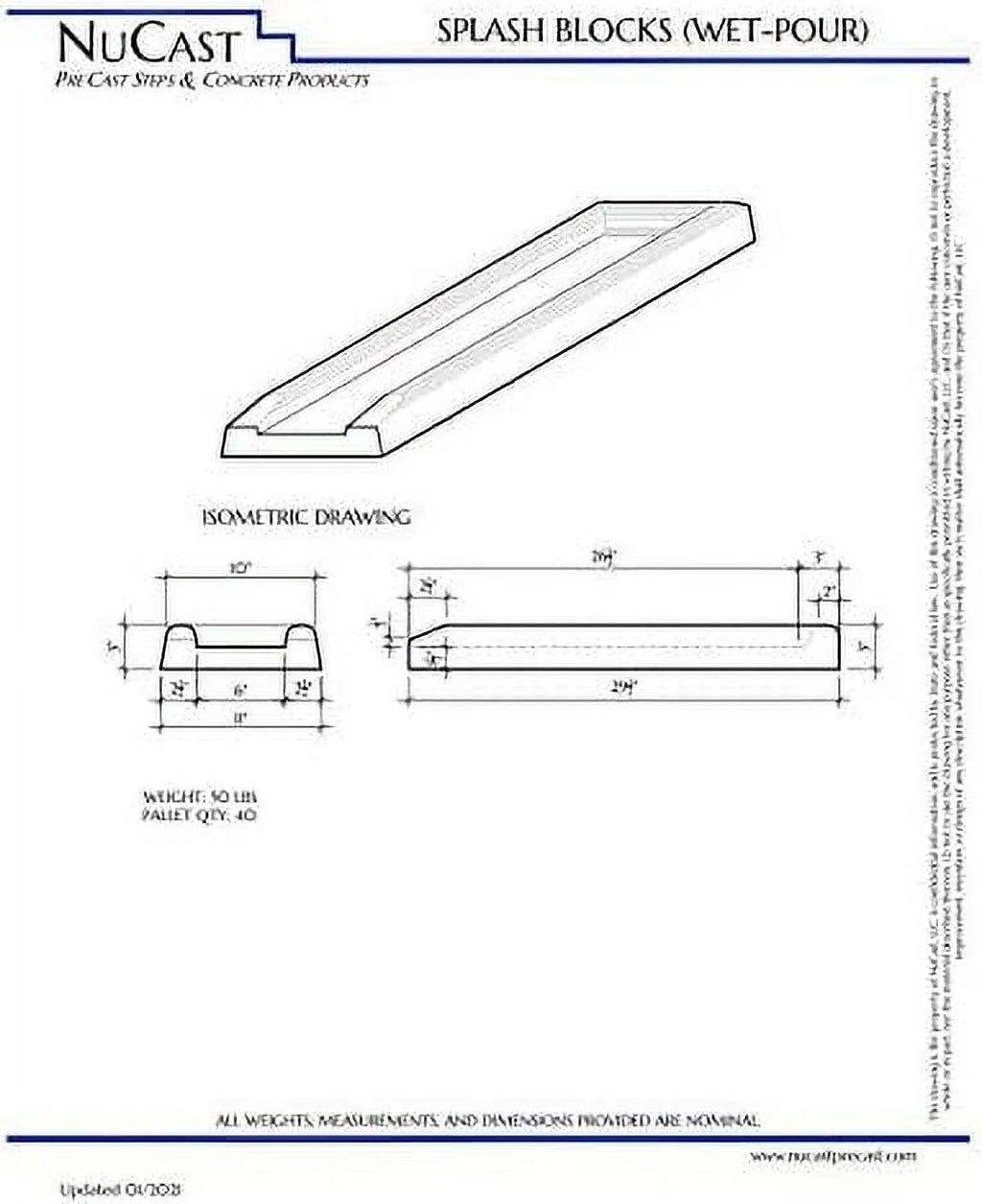 Nucast Precast Concrete Splash Block for Water and Rain Drainage from Home, Gutter, Downspout 3" x 11" Wide x 30"