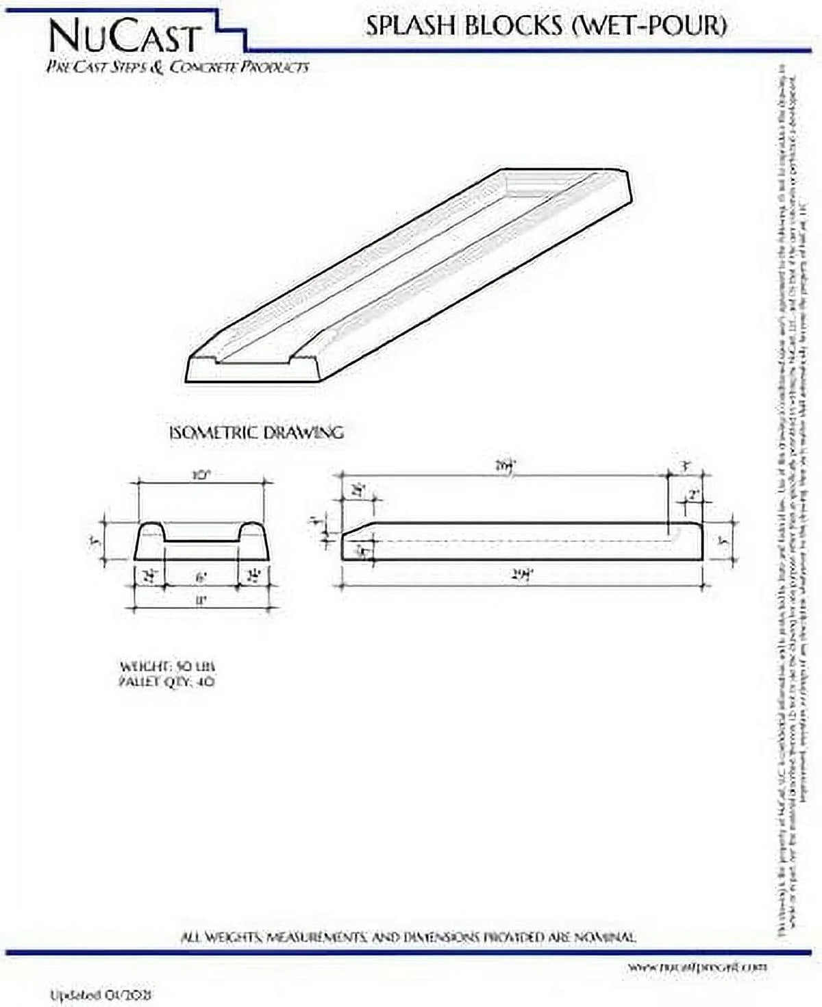 Nucast Precast Concrete Splash Block for Water and Rain Drainage from Home, Gutter, Downspout 3" x 11" Wide x 30"