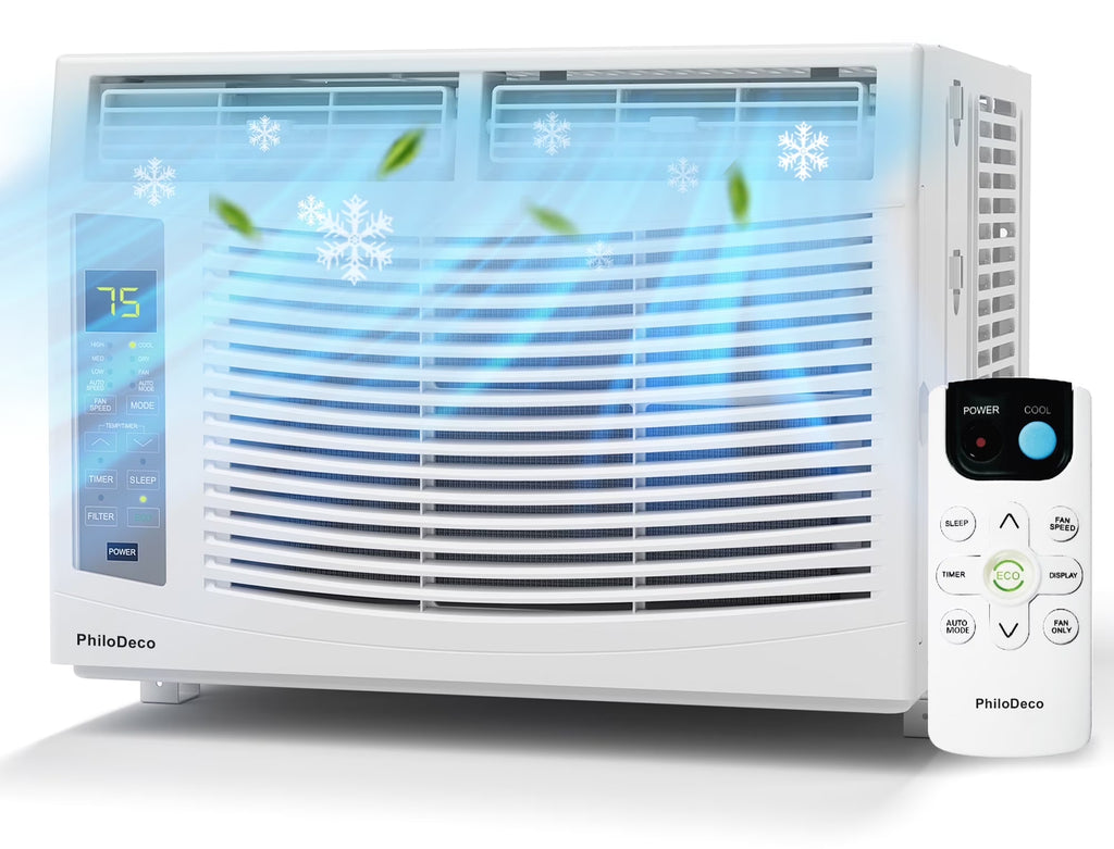 Philodeco 6000 BTU Window Air Conditioner Cool to 250 Sq Ft Intelligent, LED, Remote Control, Easy to Clean Filter