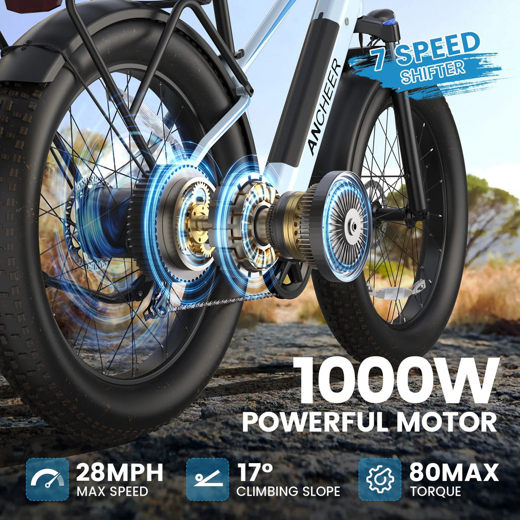 ANCHEER Electric Bike for Adults Peak 1000W Electric Bicycle 48V 15AH Battery Electric Bike 26" x 4.0" Fat Tire