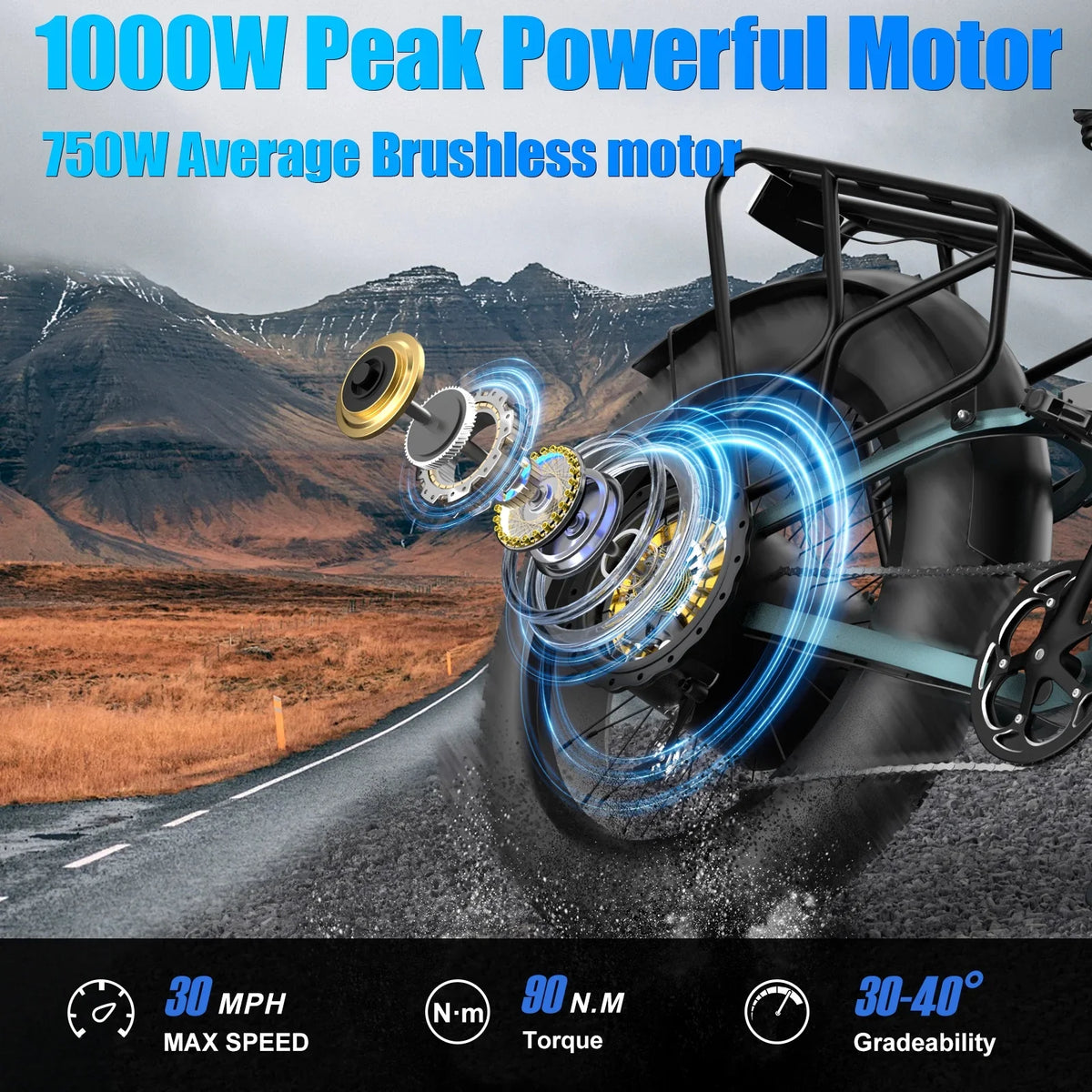 Electric Bike for Adults 26'', 1000W E - Mountain Bike 48V 30/20ah UL2849 Removable Battery, Fat Tire Ebike up to