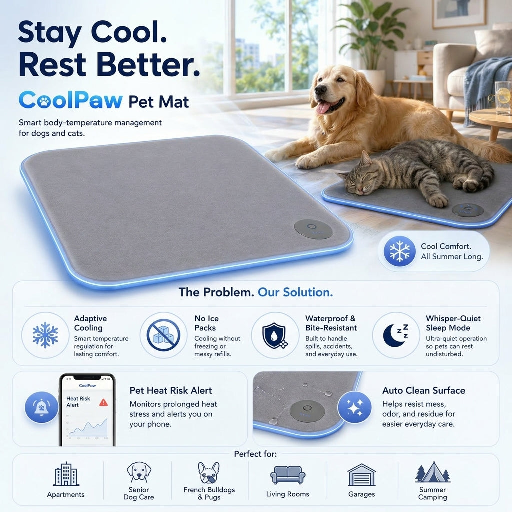 2026 Latest Tech CoolPaw Smart Pet Mat - Auto-Adjusting Cooling Pad for Dogs & Cats, No Ice Needed - Integrated Overheat Phone Alert, Bite-Proof & Self-Cleaning Antibacterial Surface - Perfect for Canada Non-AC Homes