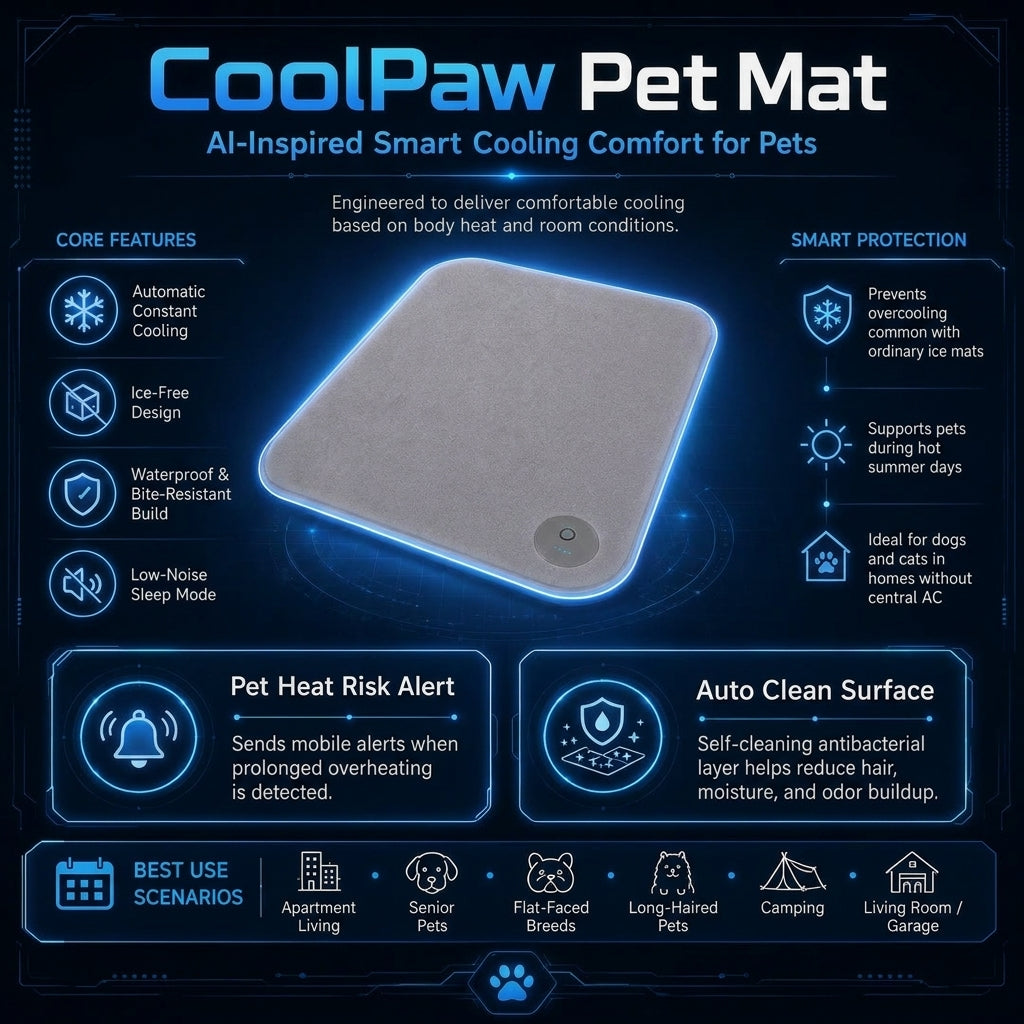 2026 Latest Tech CoolPaw Smart Pet Mat - Auto-Adjusting Cooling Pad for Dogs & Cats, No Ice Needed - Integrated Overheat Phone Alert, Bite-Proof & Self-Cleaning Antibacterial Surface - Perfect for Canada Non-AC Homes