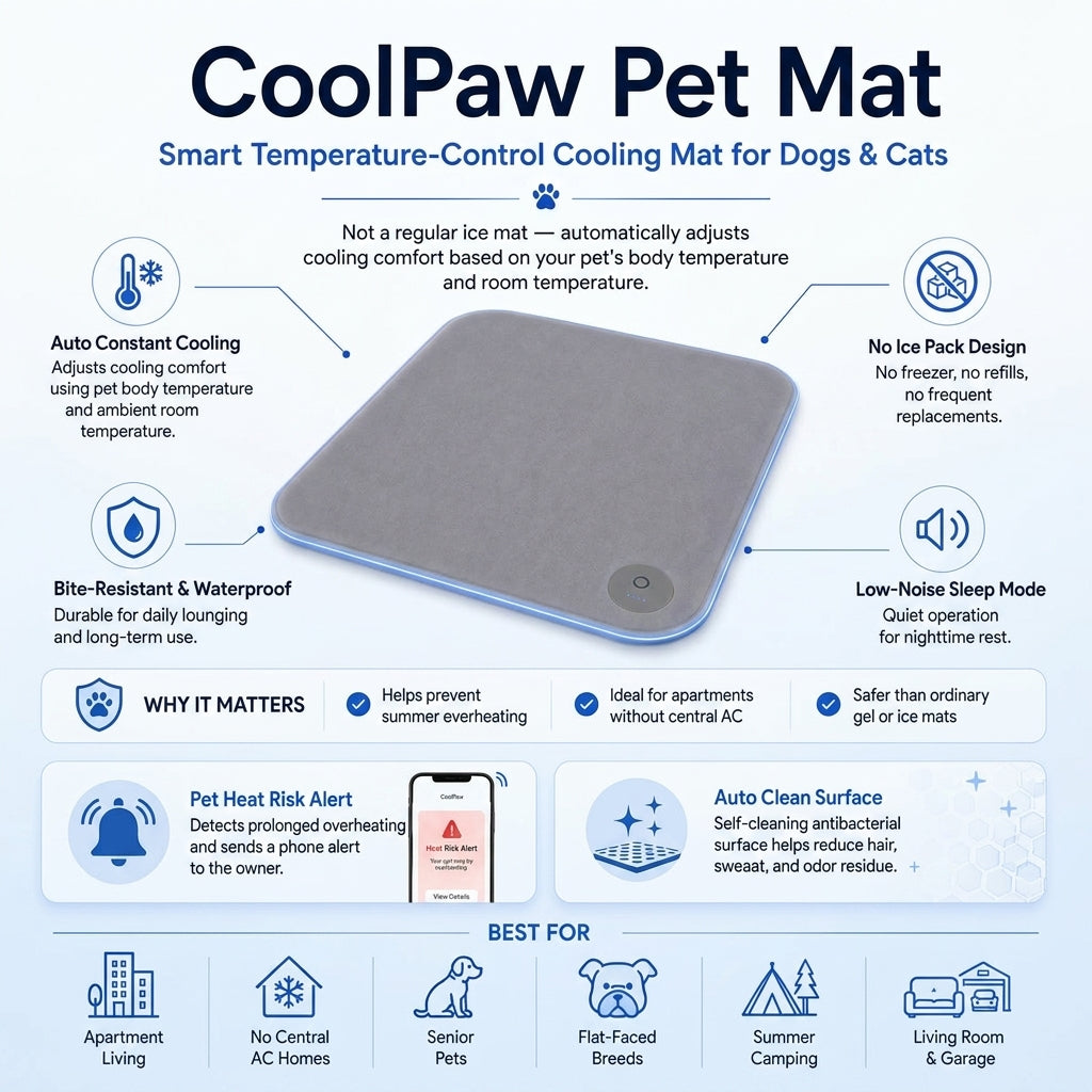 2026 Latest Tech CoolPaw Smart Pet Mat - Auto-Adjusting Cooling Pad for Dogs & Cats, No Ice Needed - Integrated Overheat Phone Alert, Bite-Proof & Self-Cleaning Antibacterial Surface - Perfect for Canada Non-AC Homes