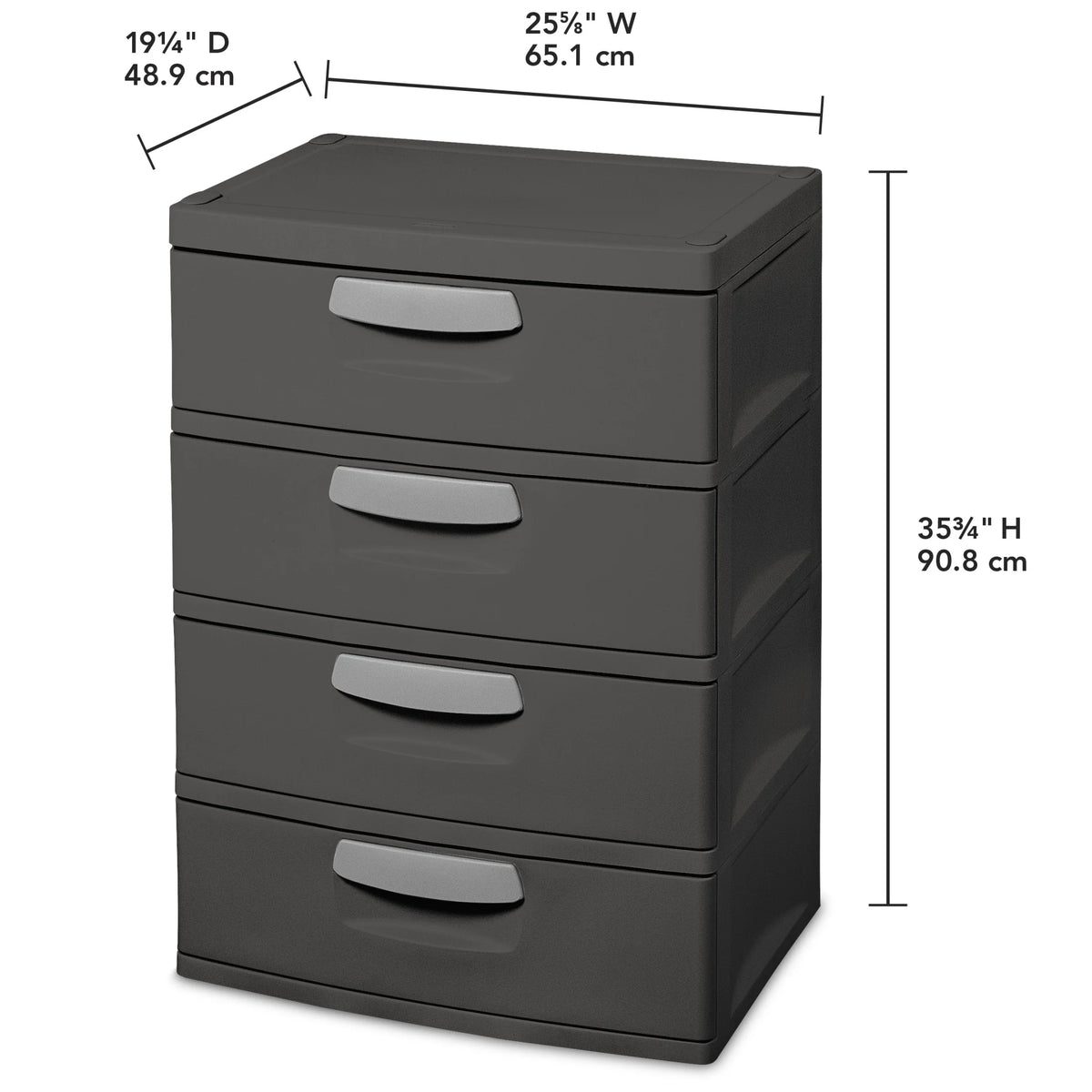 Sterilite 4 Drawer Unit, Durable Plastic Storage Solution for Garages and Basements, Dark Gray