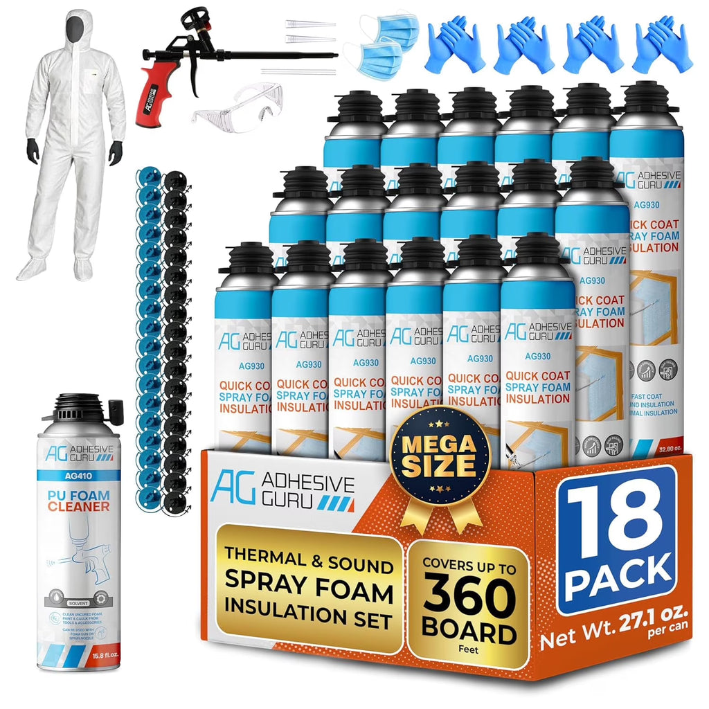 Adhesive Guru Spray Foam Insulation Kit (18 x 32.80 oz/930 Gr - 360 Board Feet), Self - Expanding Adhesive Foam