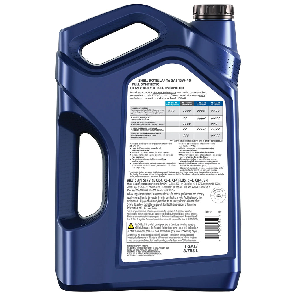 (3 Pack) Shell Rotella T6 Full Synthetic 15W - 40 Motor Oil, 1 Gallon (3 Pack)