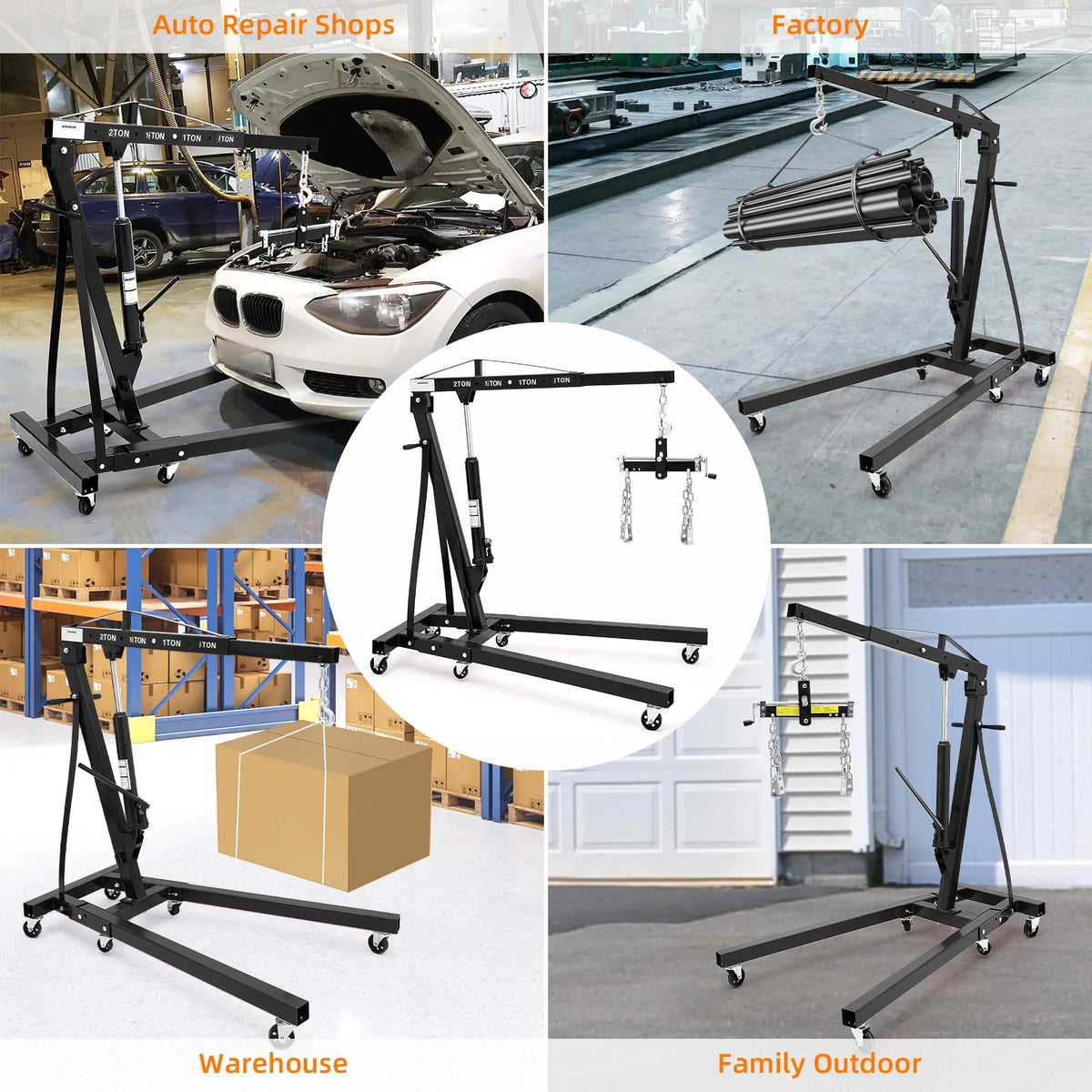 GARVEE 2 Ton Folding Hydraulic Engine Hoist with Lever, Folding Engine Shop Crane Hoist Lift, Heavy Cherry Picker