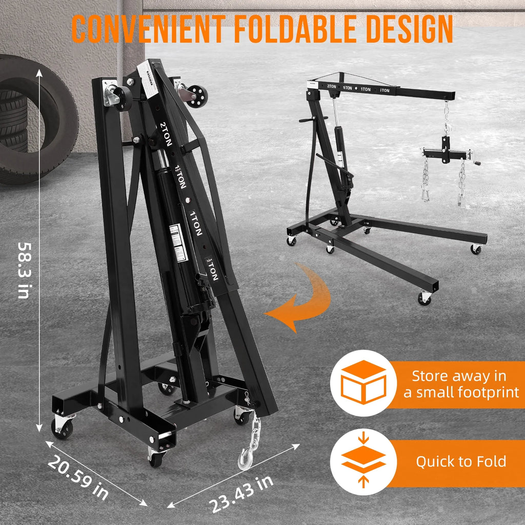 GARVEE 2 Ton Folding Hydraulic Engine Hoist with Lever, Folding Engine Shop Crane Hoist Lift, Heavy Cherry Picker