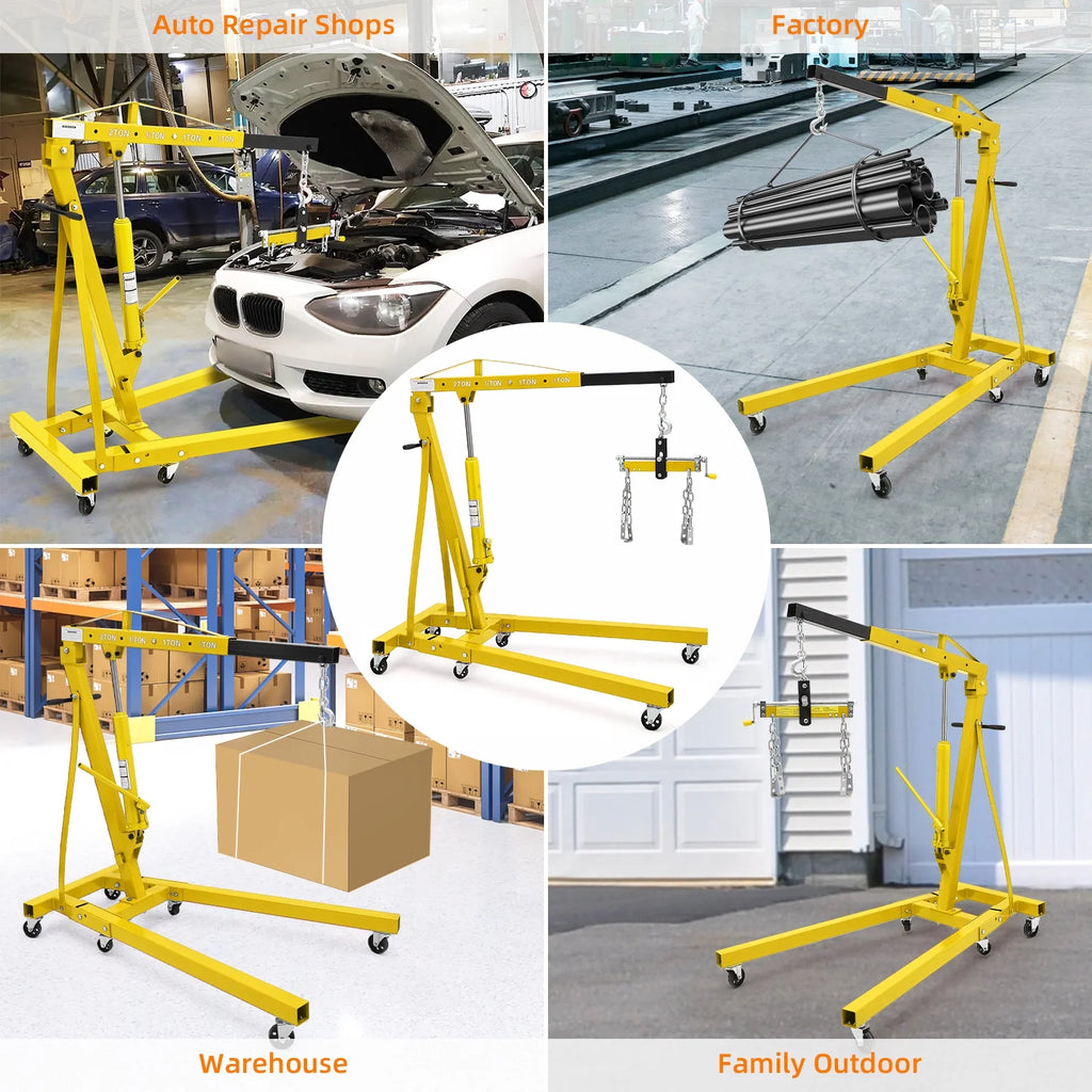 GARVEE 2 Ton Folding Hydraulic Engine Hoist with Lever, Folding Engine Shop Crane Hoist Lift, Heavy Cherry Picker