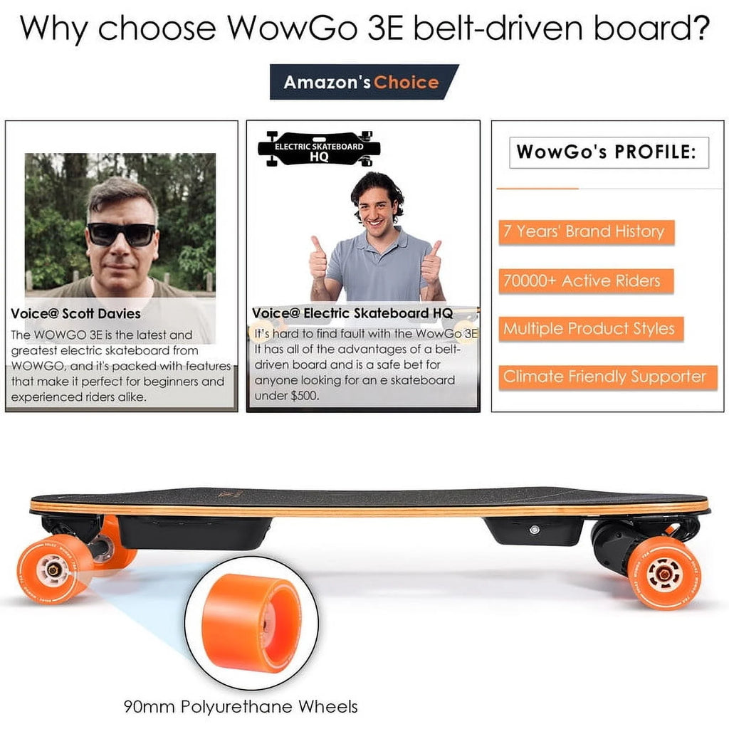 Wowgo 3E Electric Longboard Portable Lightweight E Skateboard with Dual Motors Belt, Black, 330ib