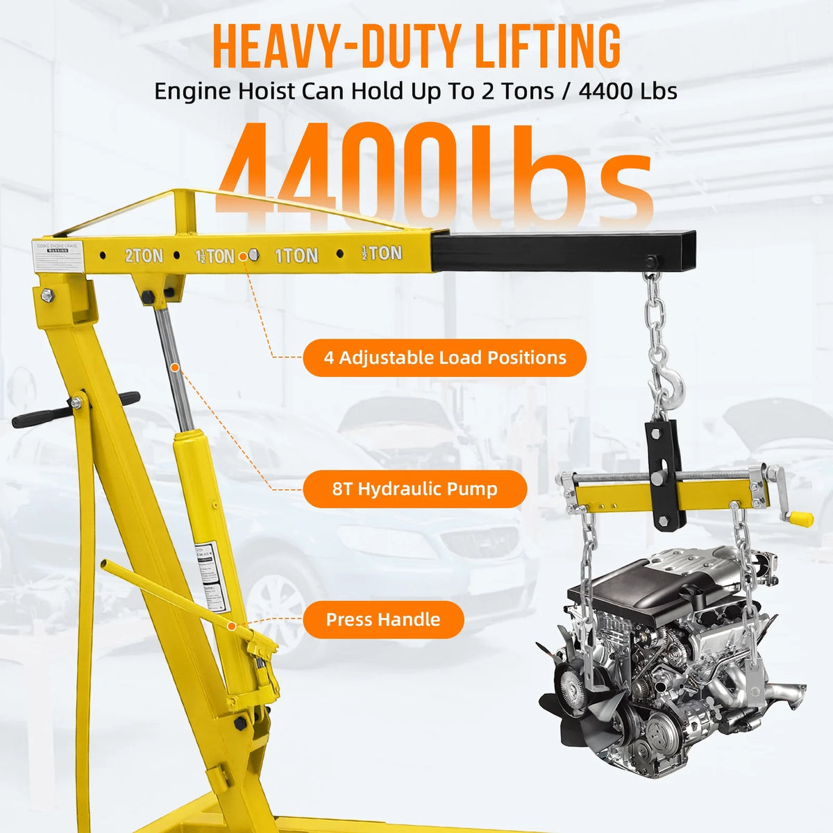 GARVEE 2 Ton Folding Hydraulic Engine Hoist with Lever, Folding Engine Shop Crane Hoist Lift, Heavy Cherry Picker