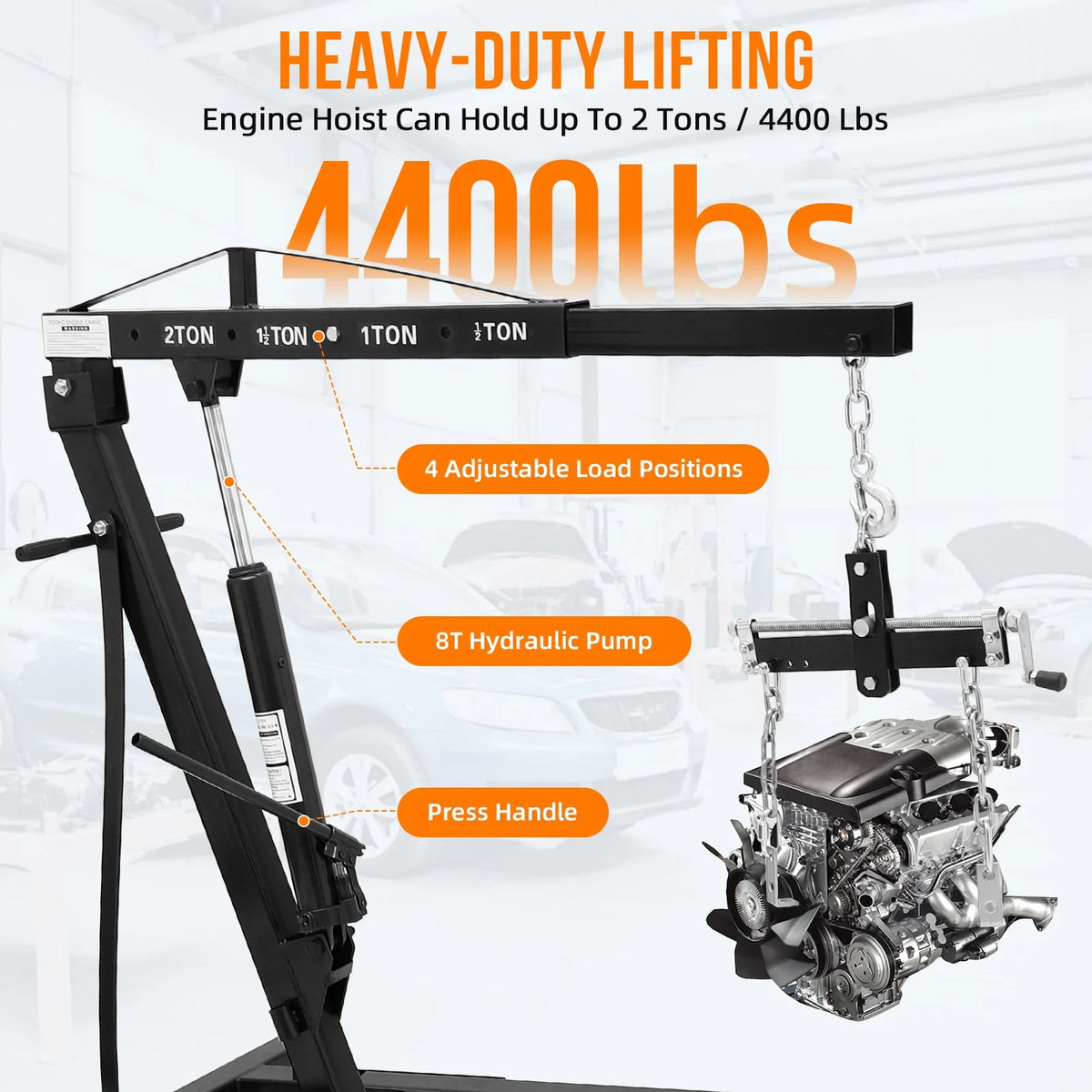 GARVEE 2 Ton Folding Hydraulic Engine Hoist with Lever, Folding Engine Shop Crane Hoist Lift, Heavy Cherry Picker