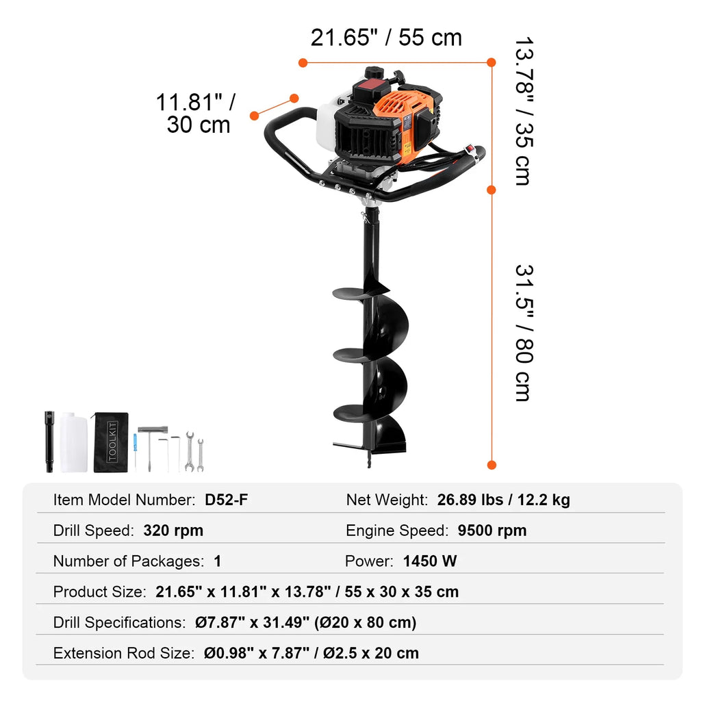 KFFKFF Gas Earth Auger, 52CC 1450W, Includes 8 Drill Bit & Extension Rod, Ideal for Garden, Farmland Fence