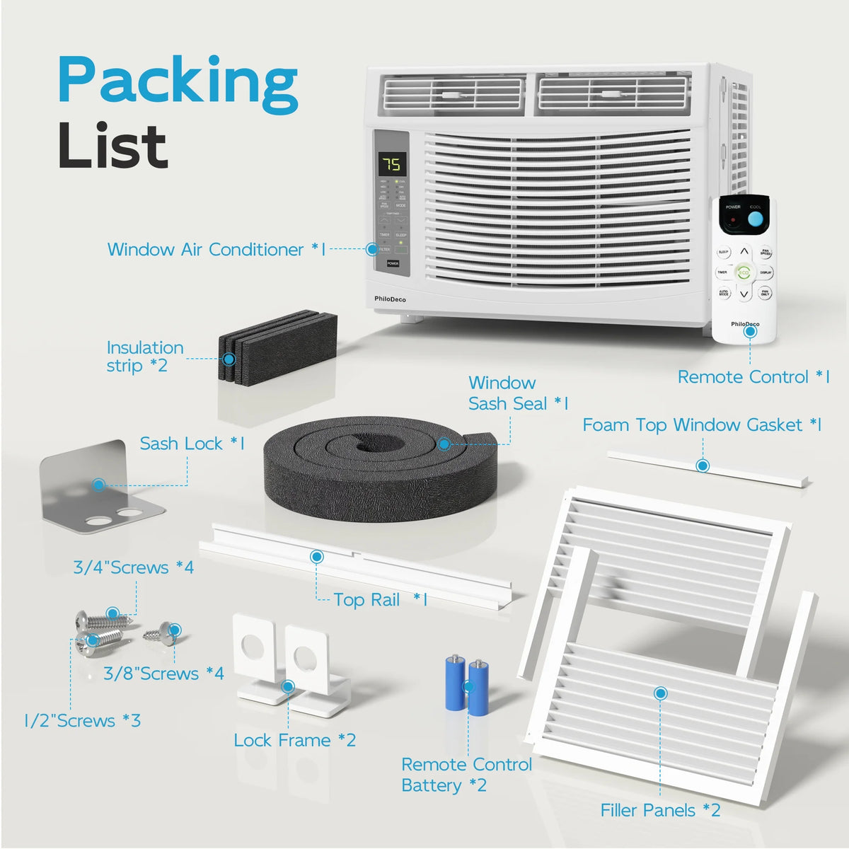 Philodeco 6000 BTU Window Air Conditioner Cool to 250 Sq Ft Intelligent, LED, Remote Control, Easy to Clean Filter