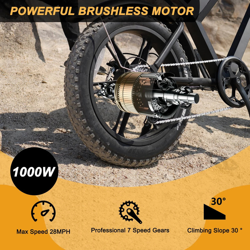 Movcan V30 Electric Bike for Adult, 1000W 20" Fat Tire 48V 15.6AH Removable Battery, 28MPH 7 - Speed Disc Brake Off