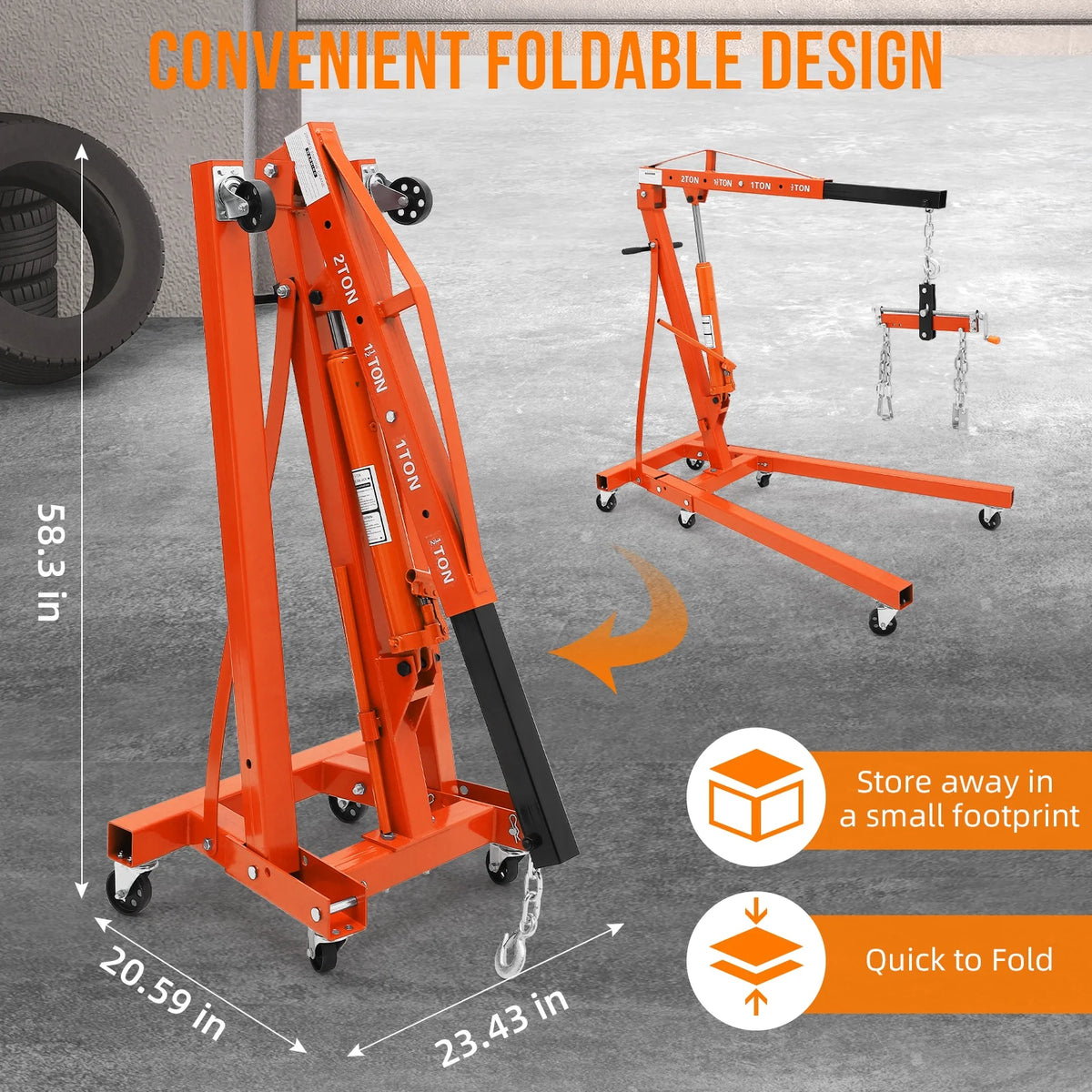 GARVEE 2 Ton Folding Hydraulic Engine Hoist with Lever, Folding Engine Shop Crane Hoist Lift, Heavy Cherry Picker