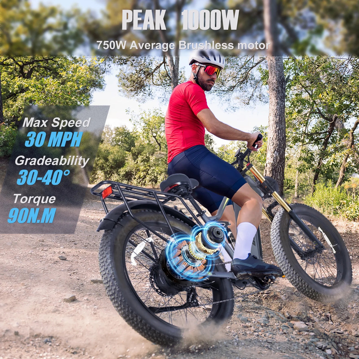 Electric Bike for Adults 26'', 1000W E - Mountain Bike 48V 30/20ah UL2849 Removable Battery, Fat Tire Ebike up to