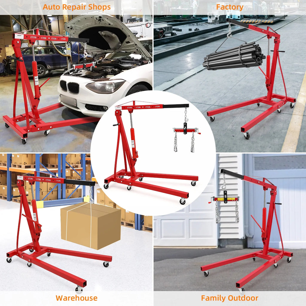 GARVEE 2 Ton Folding Hydraulic Engine Hoist with Lever, Folding Engine Shop Crane Hoist Lift, Heavy Cherry Picker